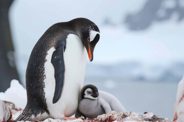 Wall Mural - a penguin with her cub, mother love and care in wildlife scene