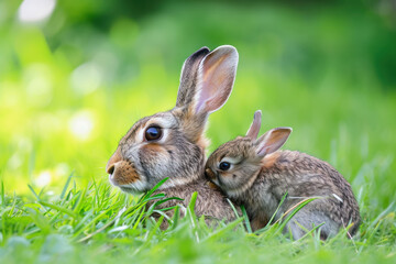 Wall Mural - a rabbit with her cub, mother loves and cares in everyday life