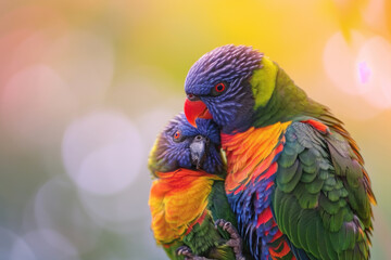 Wall Mural - A Rainbow Lorikeet with her cub, mother love and care in wildlife scene