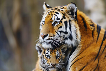 Wall Mural - a tiger with her cub, mother love and care in wildlife scene