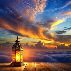 Wall Mural - A lit up ramadan lamp against serene and beautiful evening sky Ramadan background generative ai