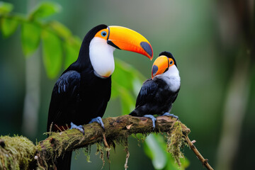 Wall Mural - a toucan with her cub, mother love and care in wildlife scene