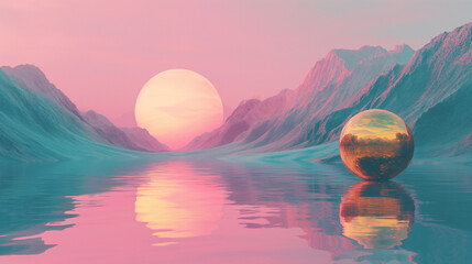 Poster - Surreal vaporwave scene with golden ball on the landscape with mountains and sea. 90s styled abstract surreal pink composition.