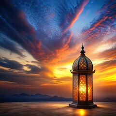 Wall Mural - A lit up ramadan lamp against serene and beautiful evening sky Ramadan background generative ai