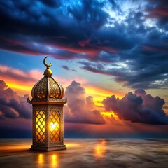 Wall Mural - A lit up ramadan lamp against serene and beautiful evening sky Ramadan background generative ai