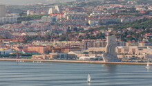 Monument To The Discoveries Aerial Timelapse Located On The Northern Bank Of The Tagus River In Lisbon, Portugal