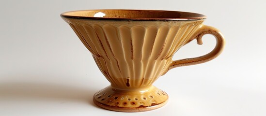 A ceramic brown and white vase is placed on top of a wooden table. The vase is empty and shows intricate patterns on its surface.