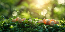 Easter background with three white chicken eggs lying in the green grass on a Sunny spring meadow