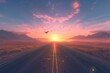 A highway in the desert leading to a sunrise that paints the sky in a spectrum of warm colors, with early birds soaring in the sky. The lighting is lively, capturing the vibrant essence