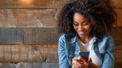 Wall Mural - young woman smiling and looking down at her smartphone, wearing a denim jacket, with a warm rustic wooden background behind her.