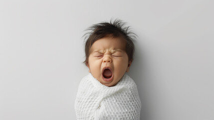 Poster - newborn baby wrapped in a soft white blanket, yawning or sneezing with eyes closed