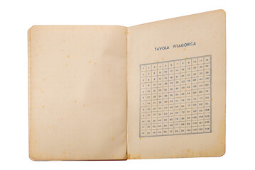 Fototapete - Pythagorean table printed on antique notebook with pages that have yellowed with time