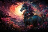 Mythical creature with long mane standing in flower field, CG artwork