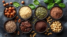 beautiful composition of brown rice, nuts, sunflower seeds, spinach, avocado, peanuts and dark chocolate