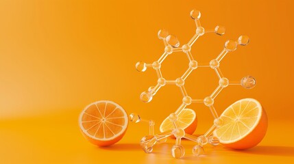 Transparent and illuminated molecular model of vitamin C with an orange background inspired by citrus that highlights nutrition and health research. 