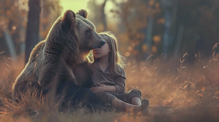 Wall Mural - A little girl sits next to a big bear
