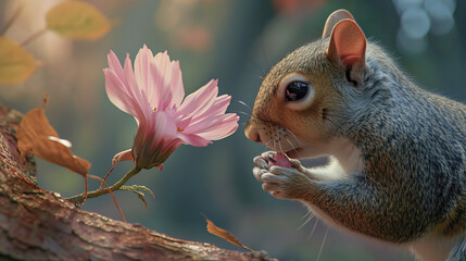 Wall Mural - Squirrel in the forest sniffs a pink flower
