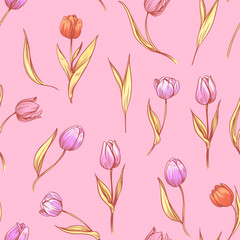 Wall Mural - Tulips, seamless vector pattern, botanical background, hand drawn, sketch, black outline, engraving style