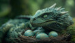 Green dragon waiting for hatchling eggs in its nest. Fantasy concept