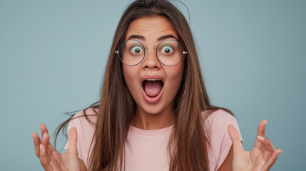 Wall Mural - An ecstatic young woman with glasses is raising her hands in an expressive gesture of overwhelming joy and surprise.