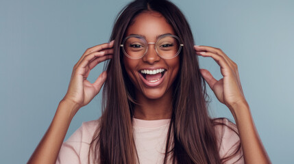 Canvas Print - An ecstatic young woman with glasses is raising her hands in an expressive gesture of overwhelming joy and surprise.