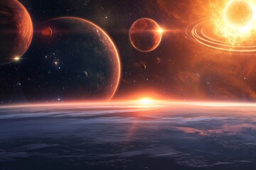 Wall Mural - abstract depiction of an alien sky, with multiple suns, colorful planets, and a canvas of stars spre