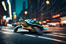 Turtle Running Extremely Fast On Busy City Street, Generative AI Illustration With Blur Background