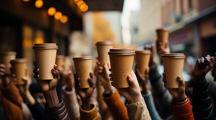 hands holding coffee paper drinking cup with disposable top cap.  holding up a Coffee paper cups