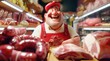 Personnage cartoon d'un homme boucher charcutier souriant, dans sa boutique.