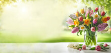 Spring Flowers Background Vase Empty Copy Space - Ai Generated