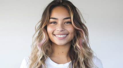 Poster - A cheerful individual with a bright smile and trendy hairstyle is wearing a casual white t-shirt against a light background.