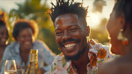 Young black man having a picnic outdoors with family and friends at the back