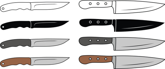 Wall Mural - Knife Clipart Set - Outline, Silhouette and Color