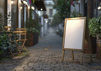 Wall Mural - a sidewalk sign with white boards next to brick street Generative AI