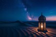 a glowing lantern casts a warm light upon the sands of a vast desert under a star-studded sky