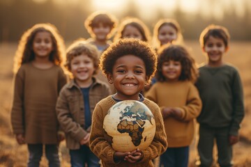 a group of diverse children standing outdoors on a sunny day