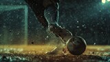 Fototapeta Sport - Football scene at night match with close up of a soccer shoe hitting the ball with power