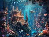 Fantasy underwater scene with a castle, several fish and coral 