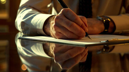 Wall Mural - A person is signing a document on a glass table, a close-up shot emphasizing the action of commitment or agreement in a business context.