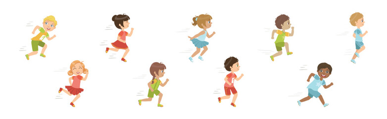 Wall Mural - Kids Running Marathon Participate in Sport Competition Vector Set