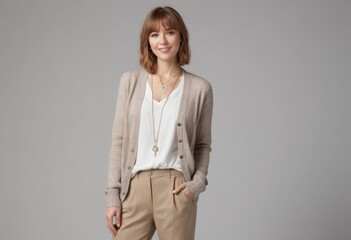 Wall Mural - A young woman in a casual chic outfit with a cardigan and trousers, wearing a necklace, looking serene.