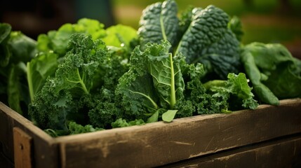 Poster - A box brimming with freshly harvested green kale, close-up realistic photo Generative AI