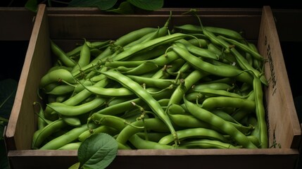Poster - A box overflowing with freshly harvested green beans, close-up realistic photo Generative AI
