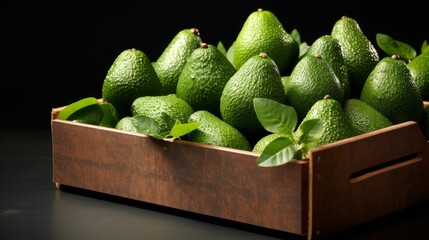 Poster - A box packed with ripe avocados, close-up realistic photo Generative AI