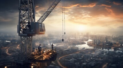Aufkleber - Generative AI A breathtaking aerial view of a skilled operator expertly maneuvering a high-altitude crane, surrounded by a sprawling urban landscape