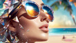 Entspannte, attraktive, gebräunte Frau mit Sonnenbrille. Selfie am herrlichen Strand. Konzept: Urlaub trendiger Hintergrund für Tapeten, Poster, Karten, Einladungen, Websites.