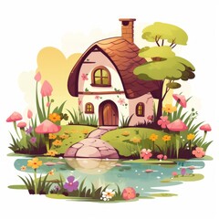 Poster - Generative AI A charming fairytale dwelling showcasing a tiny pond and a blossoming garden.
