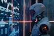 an AI powered robot looking over stock market graphs on a digital display, representing artificial intelligence guided investments