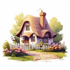 Poster - Generative AI A cute cottage with a thatched roof, nestled amidst blooming trees and a white fence