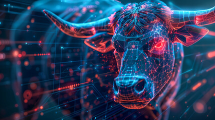 Digital bull head and wall of stock market data - Bullish trend analysis confident investor opportunities in high demand assets - Breakout above resistance indicator 